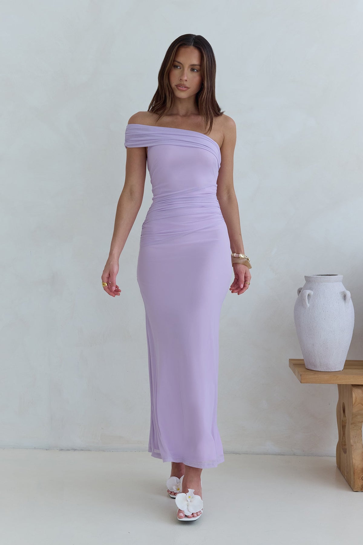 Dahlia One Shoulder Mesh Maxi Dress Lilac