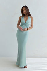 Destinations Halter Satin Maxi Dress Sage