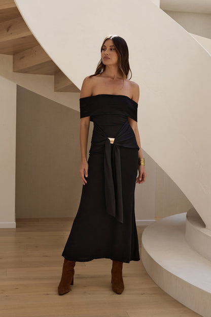 Martini Bloom Off Shoulder Knit Maxi Dress Black