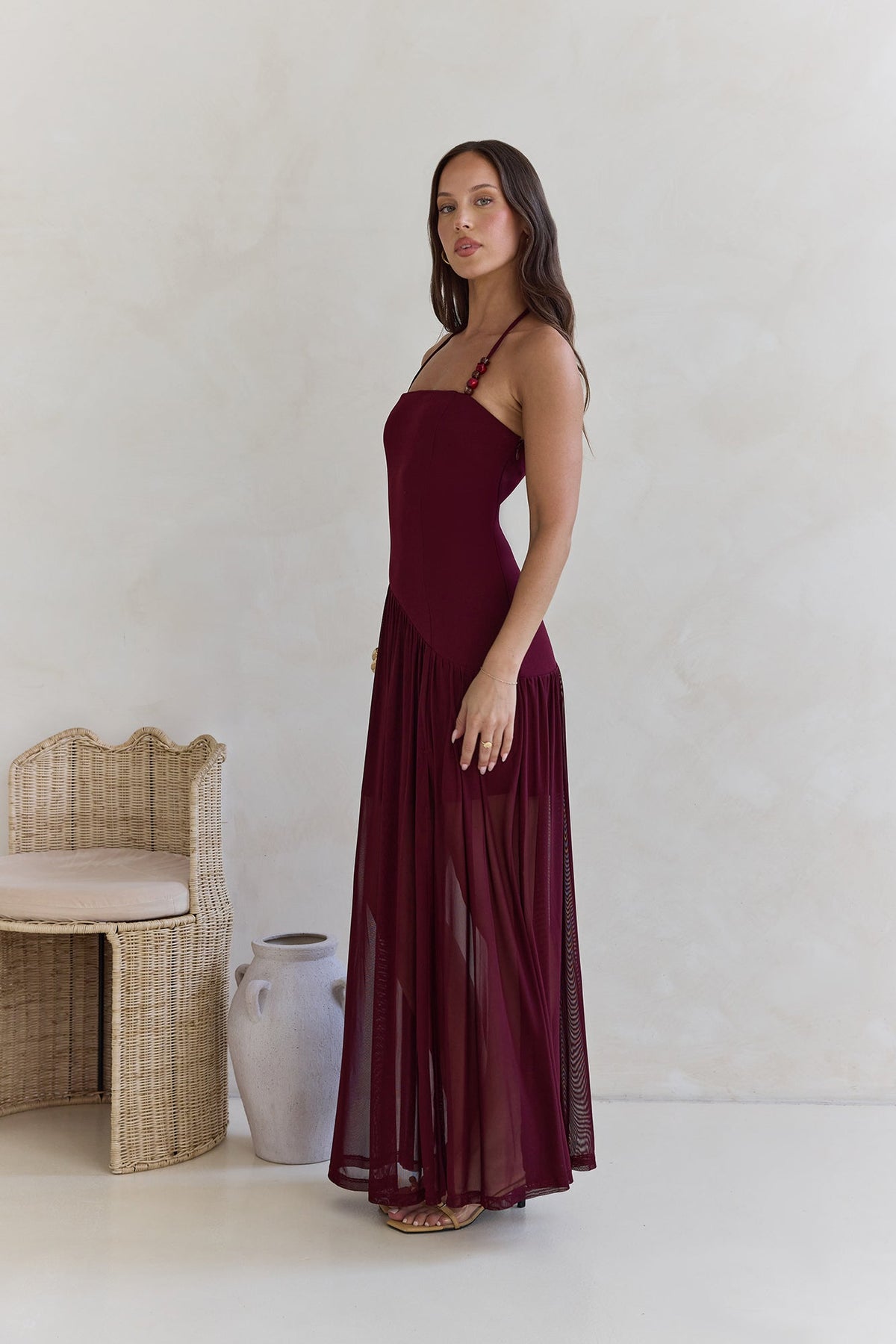 Feel The Light Halter Mesh Maxi Dress Burgundy