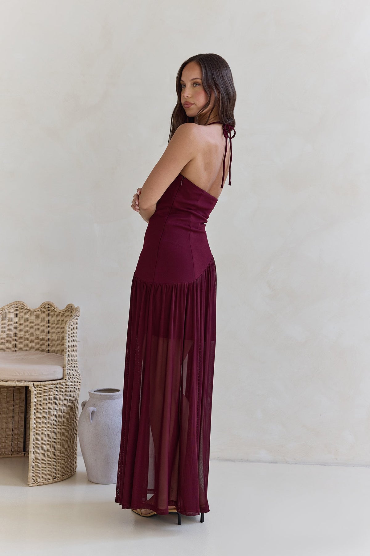 Feel The Light Halter Mesh Maxi Dress Burgundy