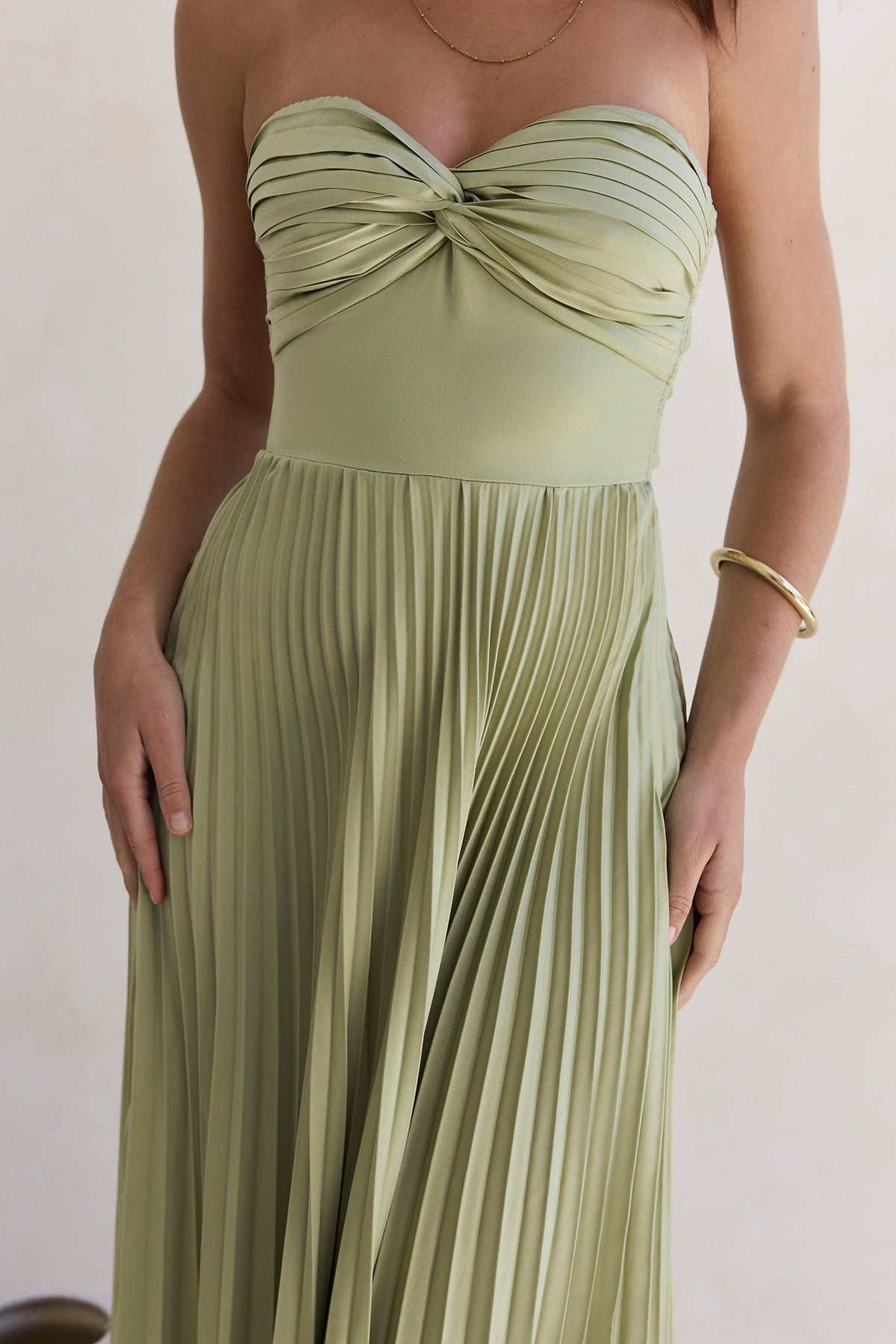 Decades Ago Plisse Strapless Maxi Dress Green