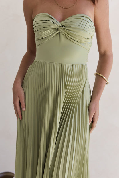 Decades Ago Plisse Strapless Maxi Dress Green