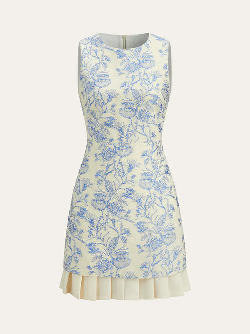 Floral Printed Sleeveless Dress with Pleated Hem