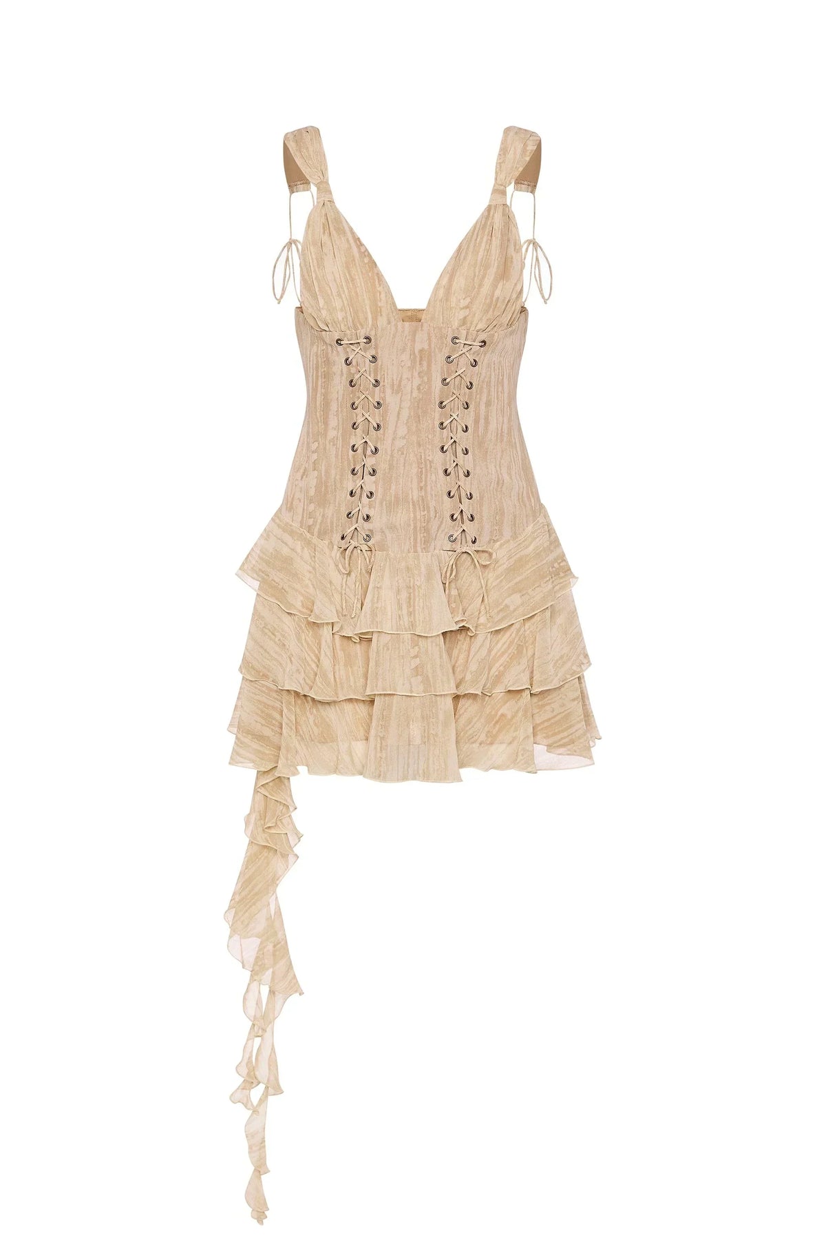 Lace-Up Ruffled Tiered Mini Dress in Tan Print