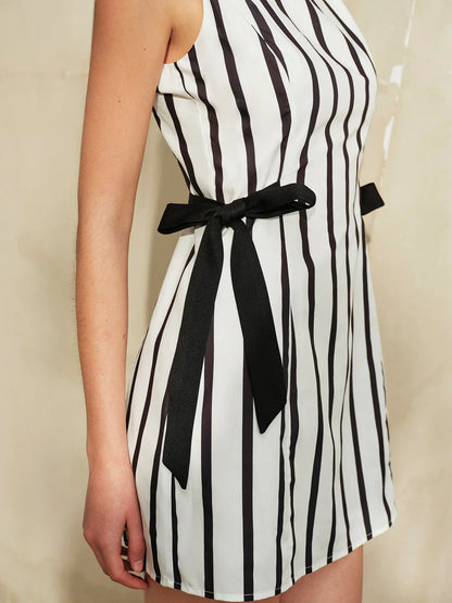 Striped Backless Dual-Sided Bow Zipper Dress