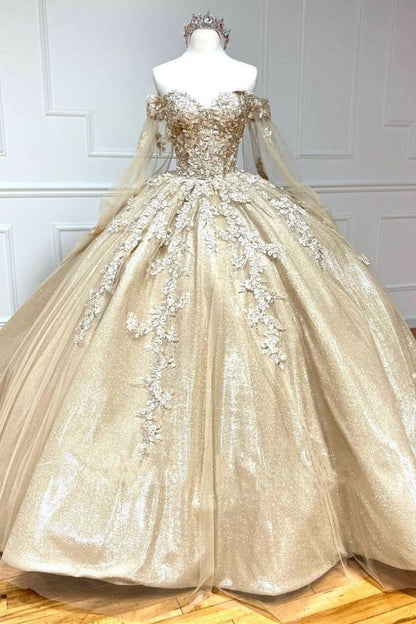 Glamorous Gold Off the Shoulder Glitter Tulle Quinceanera Dress
