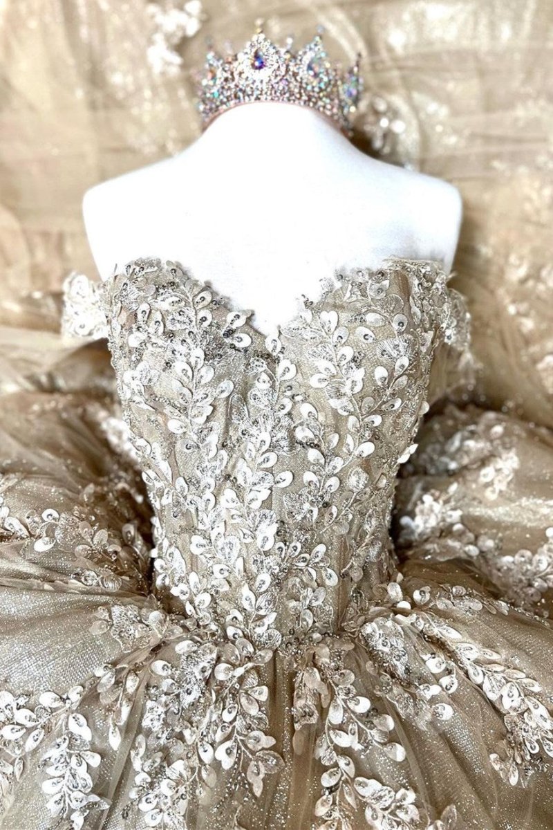 Glamorous Gold Off the Shoulder Glitter Tulle Quinceanera Dress