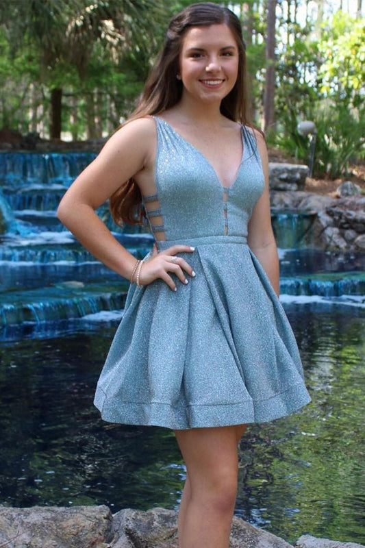 Glitter A-Line Blue V-Neck Short Homecoming Dress