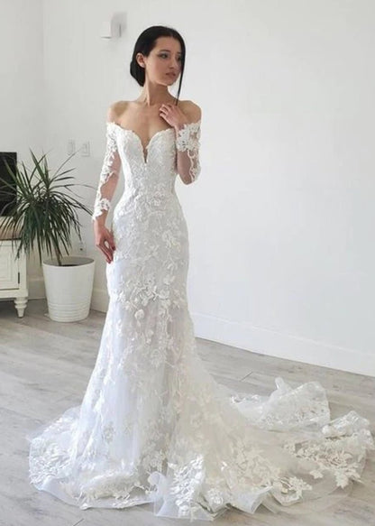 Elegant Mermaid Long Sleeve Off the Shoulder Lace Wedding Dress