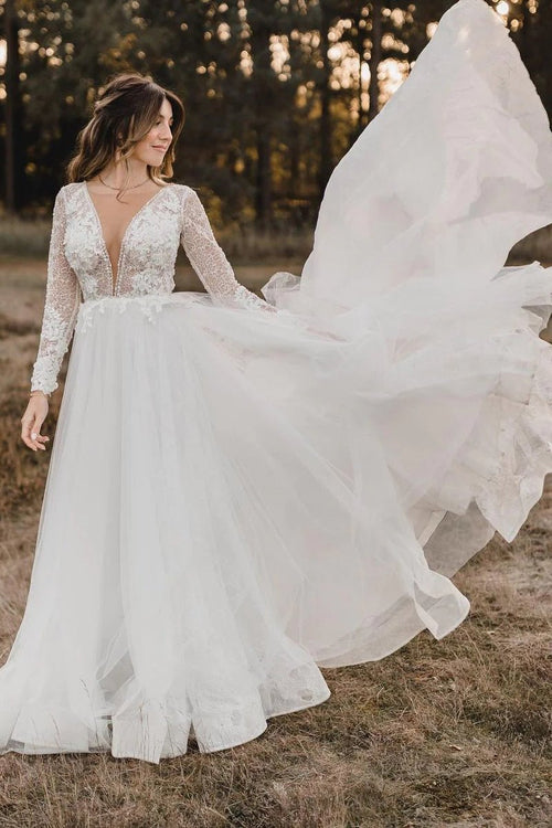 Elegant A Line V Neck Tulle Wedding Dresses with Lace