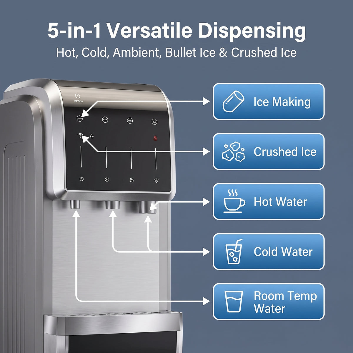 5-In-1 Bottom Loading Water Cooler Water Dispenser with Crushed & Chewable Ice Maker, Child Safety Lock Inset