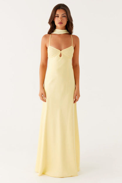 V Neck Tie Back Satin Maxi Dress