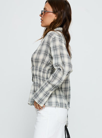 As You Are Shirred Button Up Top Black Check