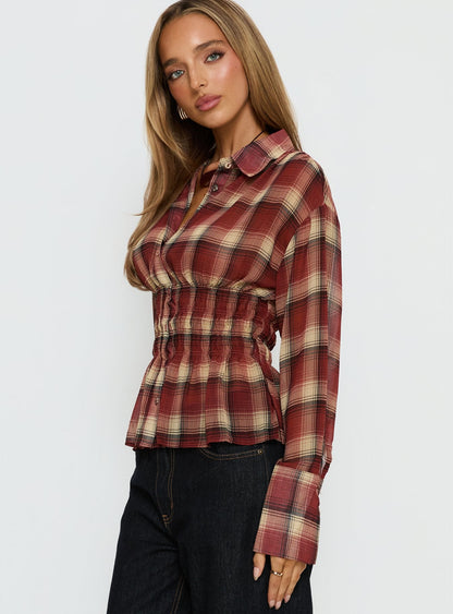 As You Are Shirred Button Up Top Red Check
