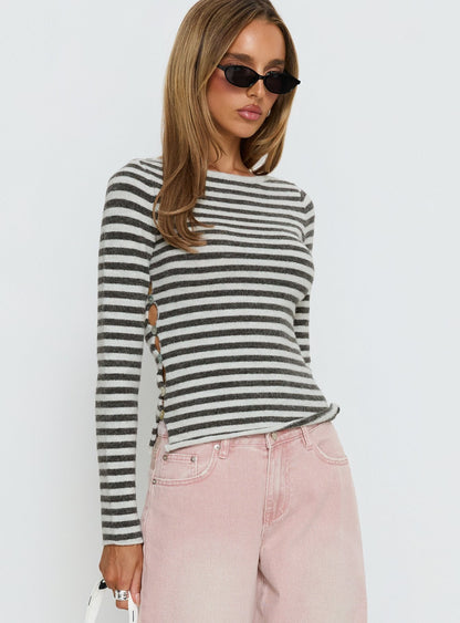 Annalyse Long Sleeve Button Detail Top Stripe