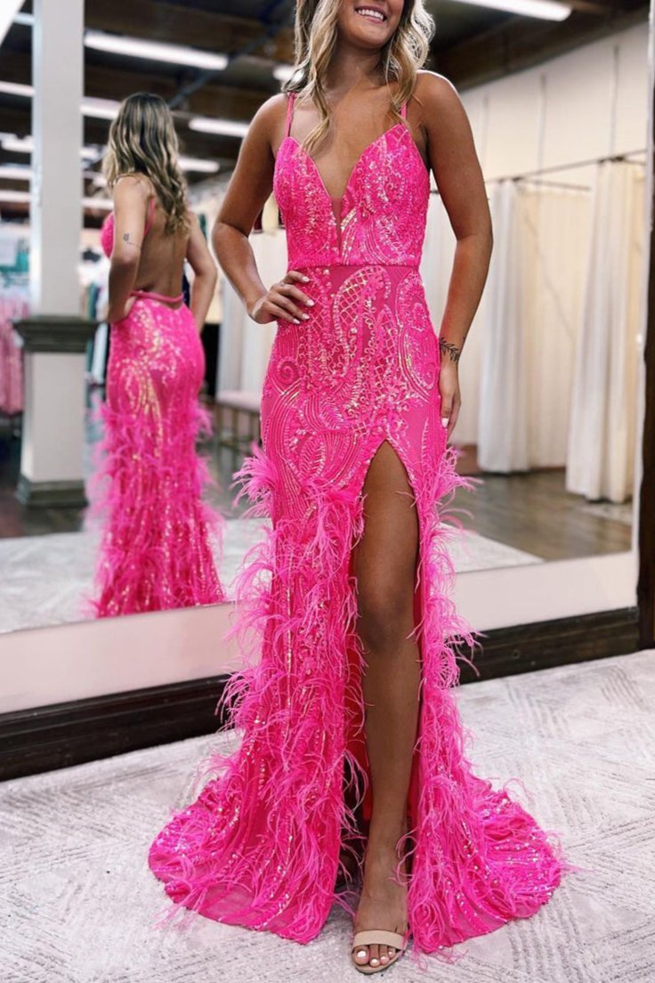 Jade Sequin Lace Spaghetti Straps Mermaid Prom Dresses with Slit