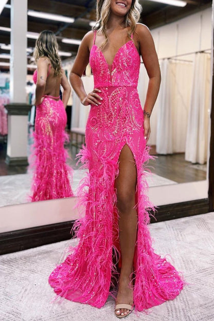 Jade Sequin Lace Spaghetti Straps Mermaid Prom Dresses with Slit