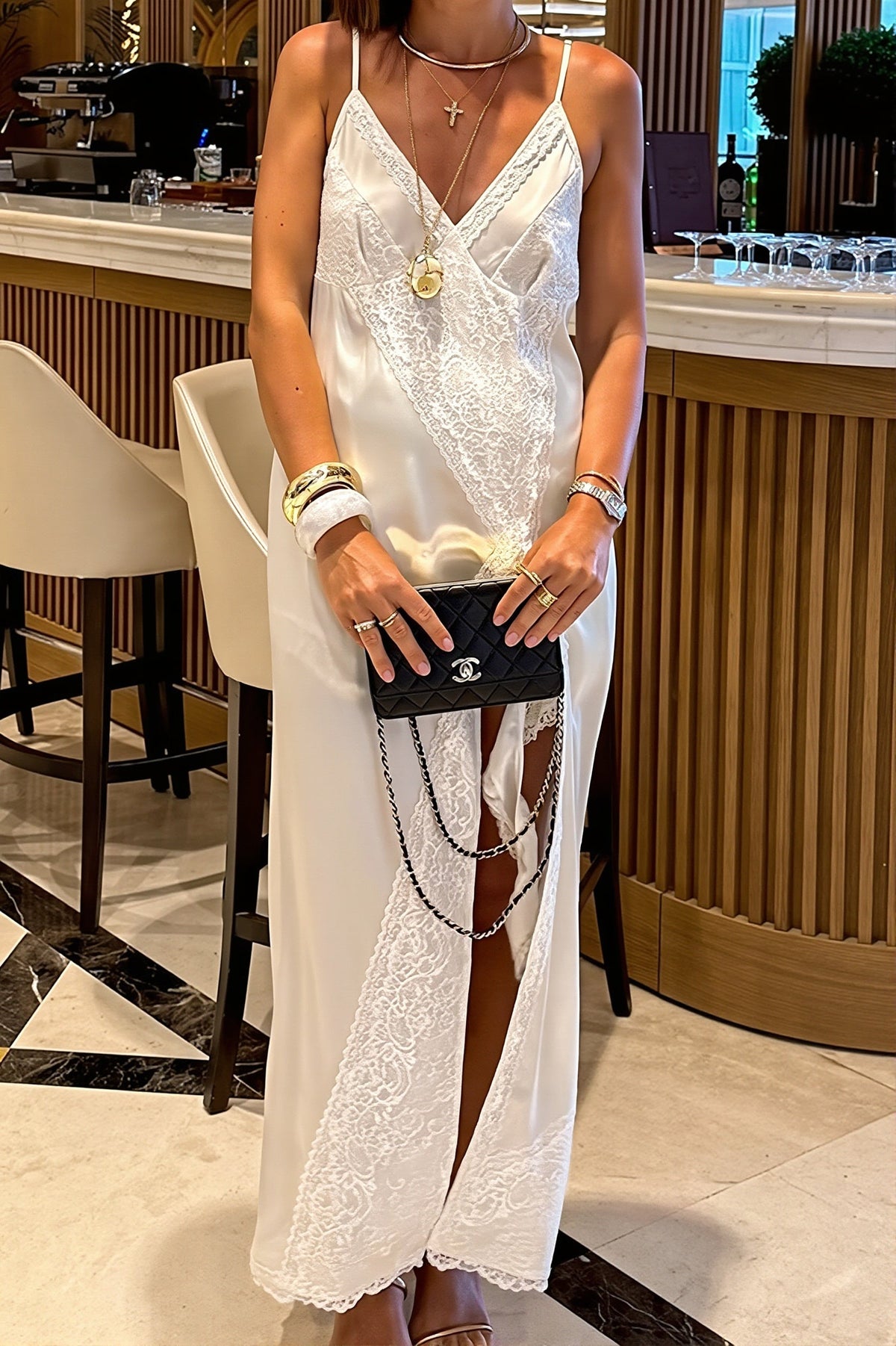 Chic Silk Satin Lace Trim Cami Slip Maxi Dress