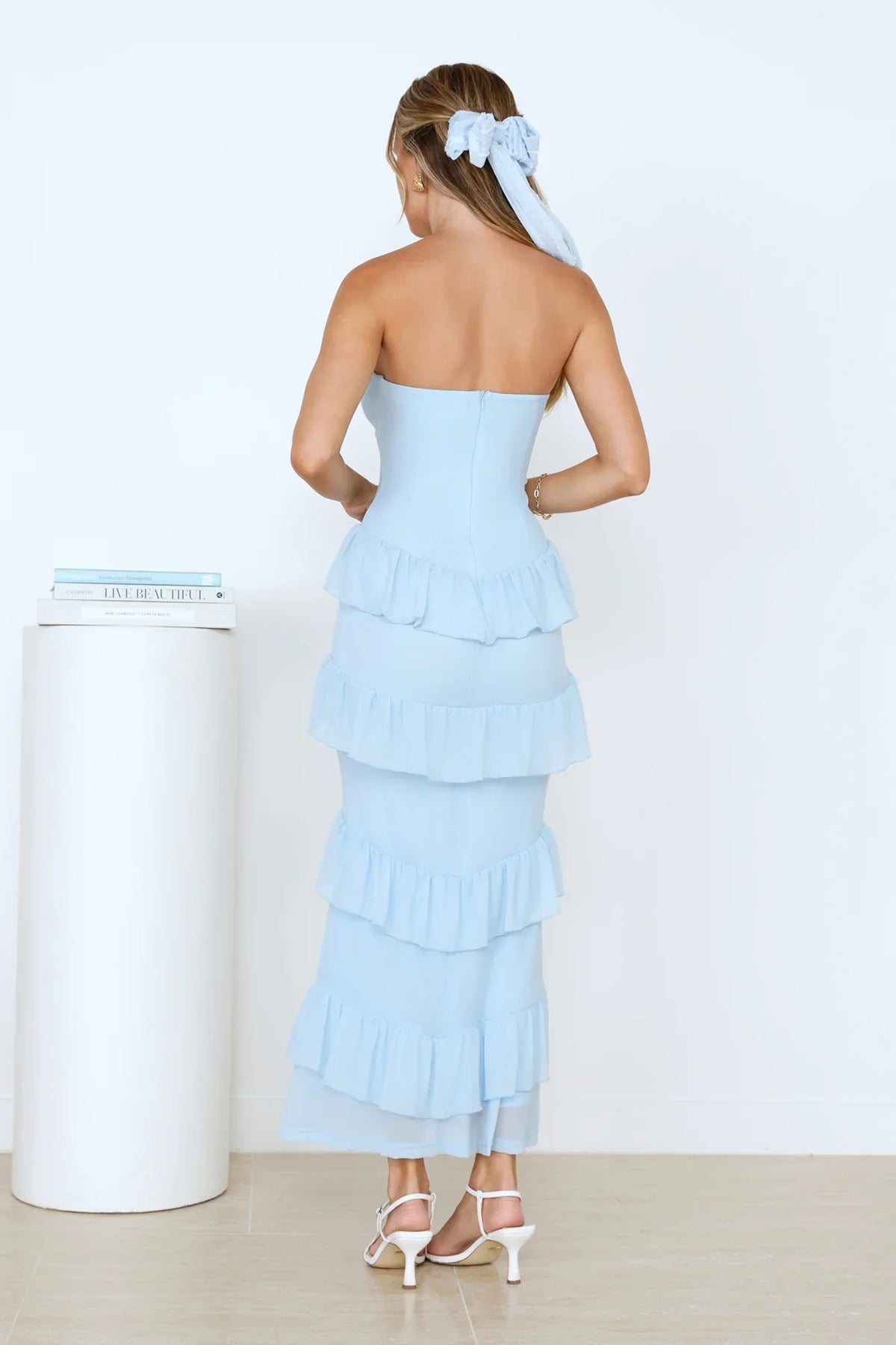 Feelings First Strapless Mesh Maxi Dress Blue
