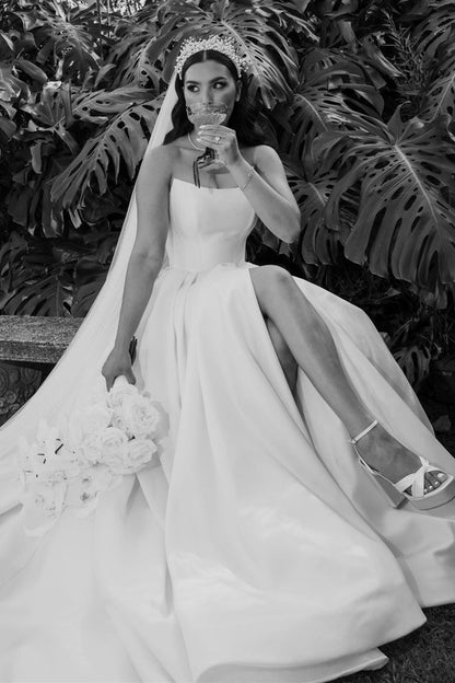 Elegant A-Line Strapless Satin Wedding Dress with Slit