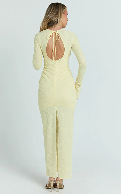 Kayrene Maxi Dress - Long Sleeve Bodycon Dress in Butter Yellow