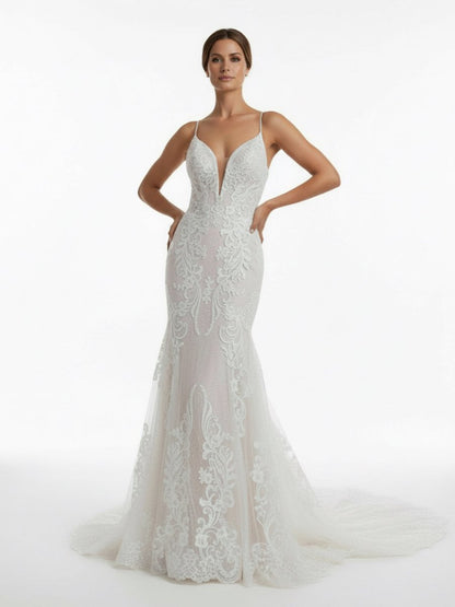 Ivory Mermaid Spaghetti Straps Backless Long Lace Wedding Dress