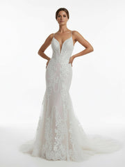 Ivory Mermaid Spaghetti Straps Backless Long Lace Wedding Dress