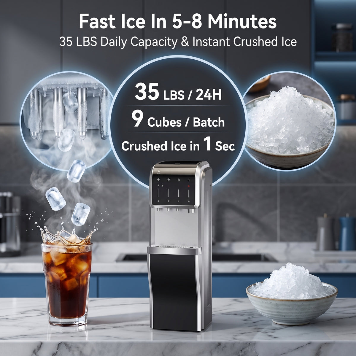 5-In-1 Bottom Loading Water Cooler Water Dispenser with Crushed & Chewable Ice Maker, Child Safety Lock Inset