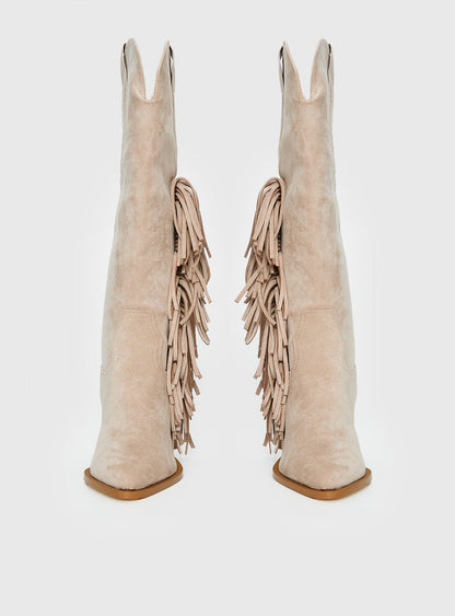 Billini Ardie Faux Suede Tassel Cowboy Boots Light Beige