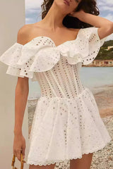 Elegant Designer Embroidery Hollow Out Cutout Waist Cinched Mini Dress