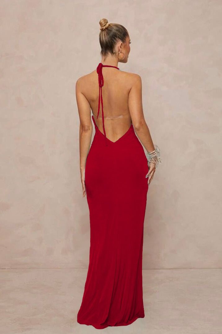 Deep V Halter Ruched Metal Trim Backless Maxi Dress