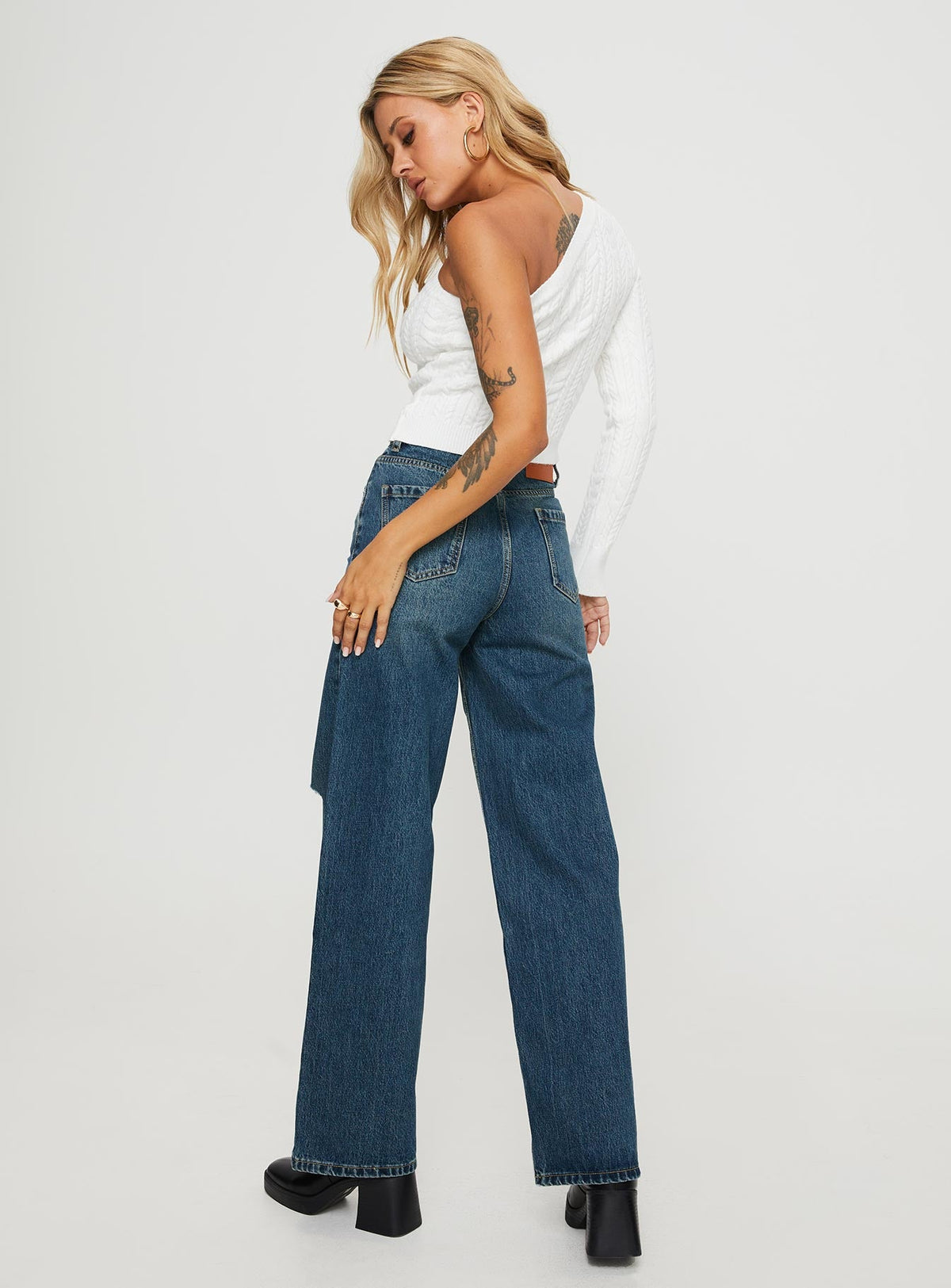 Beetle High Rise Wide Leg Ripped Jeans Mid Wash
