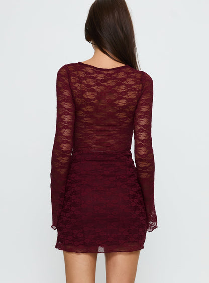 Best You Had Mesh Long Sleeve Mini Dress Burgundy