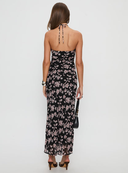Anisa Halter Maxi Dress Black Floral