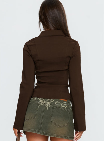 Aviela Zip Up Long Sleeve Top Brown