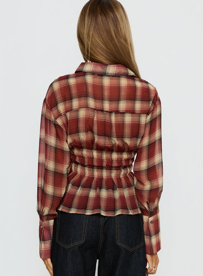 As You Are Shirred Button Up Top Red Check