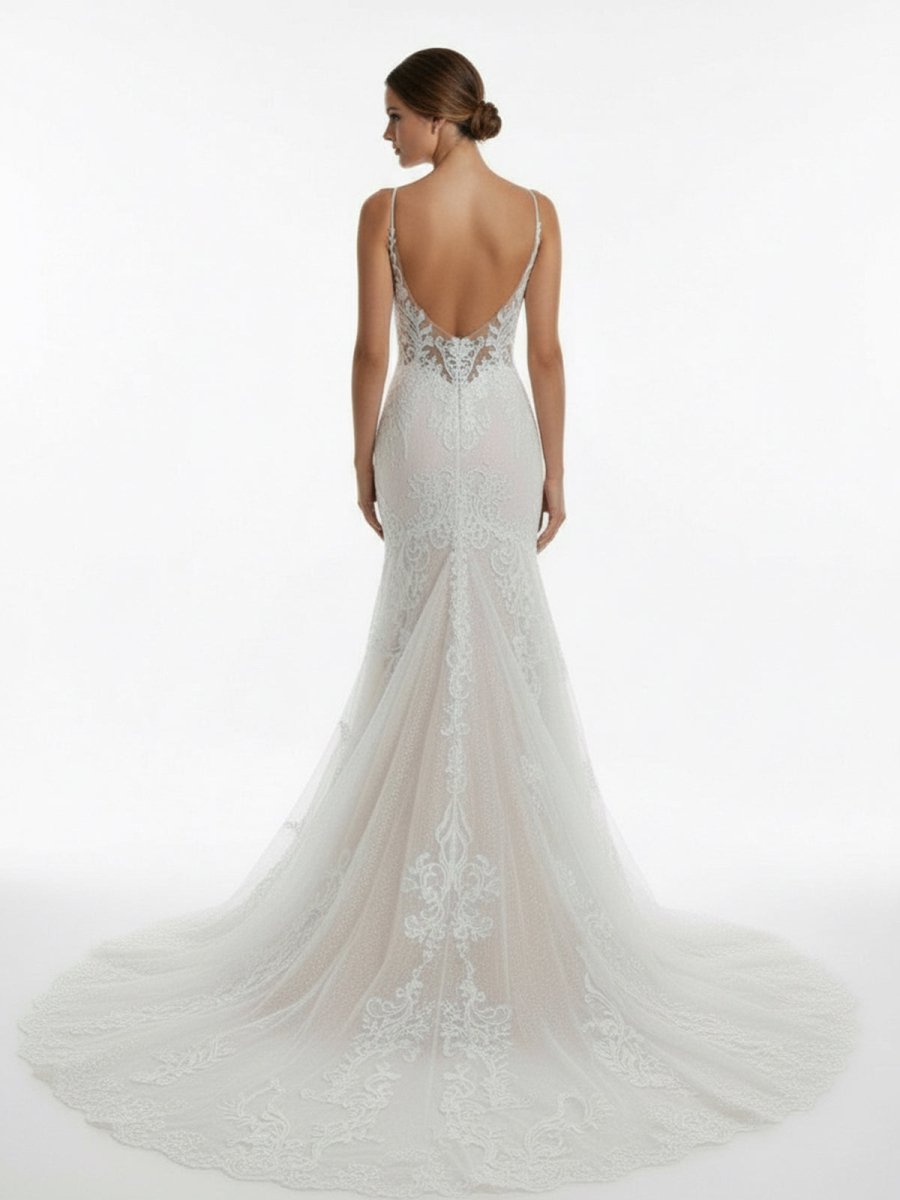 Ivory Mermaid Spaghetti Straps Backless Long Lace Wedding Dress