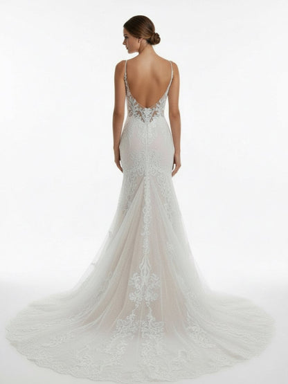Ivory Mermaid Spaghetti Straps Backless Long Lace Wedding Dress