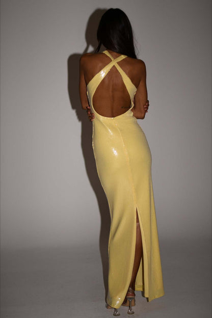 Backless Floral Sequin Maxi Dress