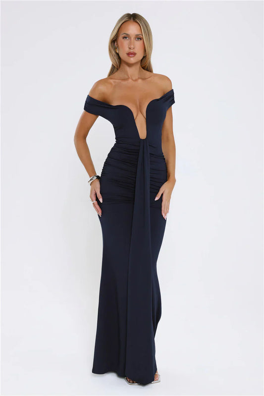 Chic Serenity Off Shoulder Maxi Dress Navy