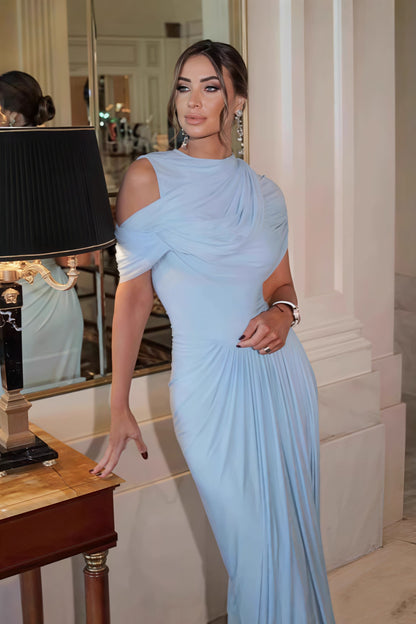 Shawl Ruched Solid Elegant Maxi Dress