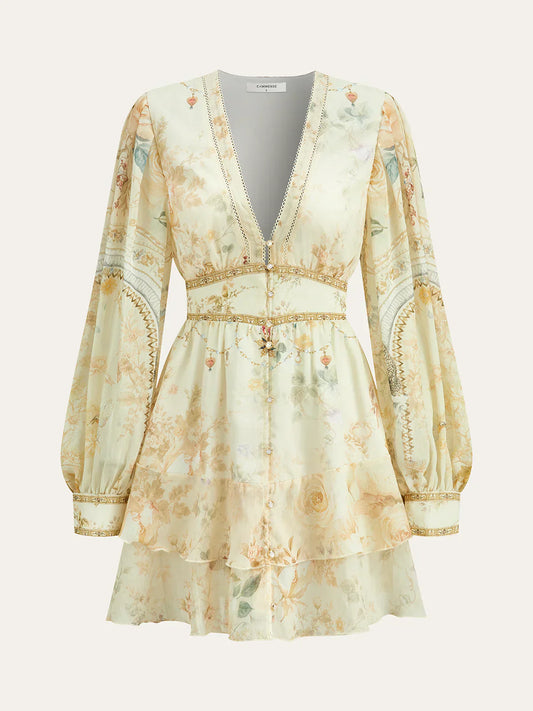 Semi-Sheer Chiffon Floral Printed Ruffled Mini Dress