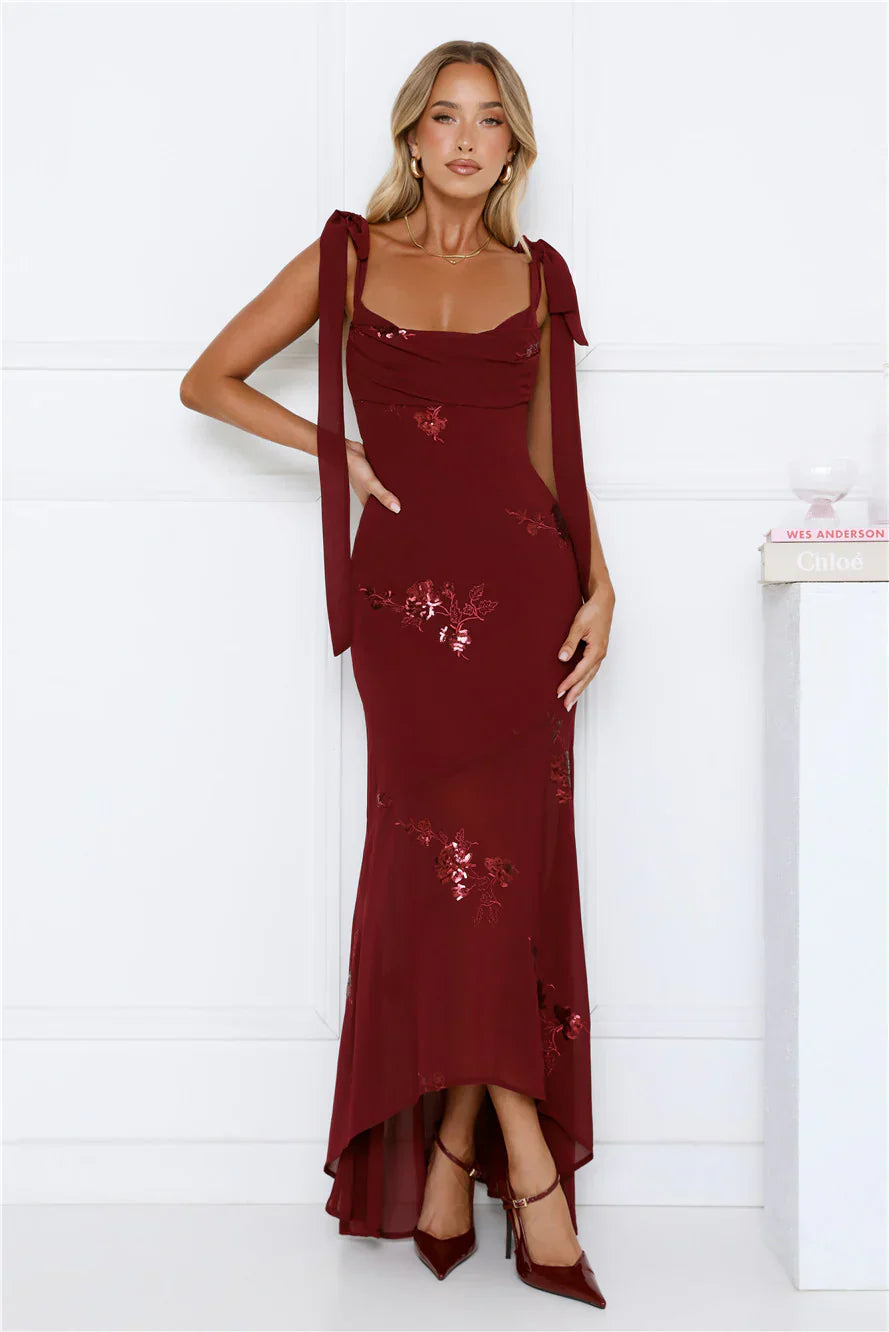 Flirty Sequin Embroidered High-Low Maxi Dress Maroon