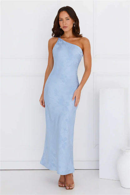 Exotic Bloom One Shoulder Satin Maxi Dress Blue
