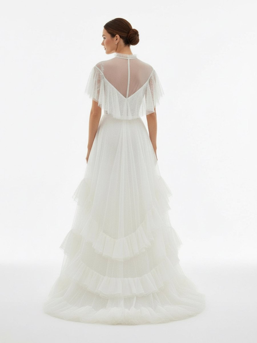 High Split A-Line See-through Short Sleeves Ruffle Tulle Wedding Dresses