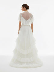 High Split A-Line See-through Short Sleeves Ruffle Tulle Wedding Dresses