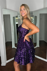 Grape Lace-Up A-line Sequins Homecoming Dress