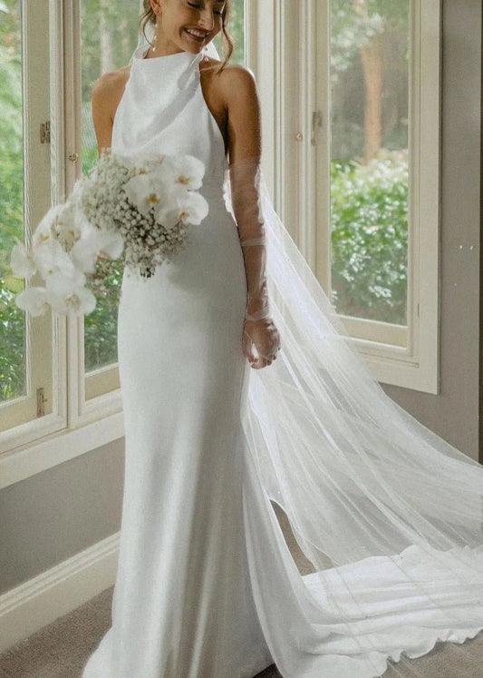 Elegant Mermaid White Halter Satin Wedding Dresses