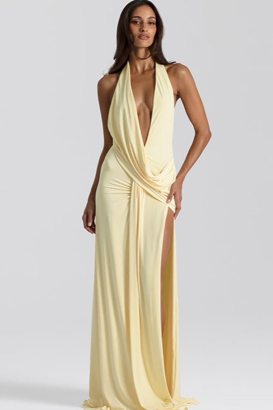Solid Halter Deep V Backless Slit Floor Maxi Dress